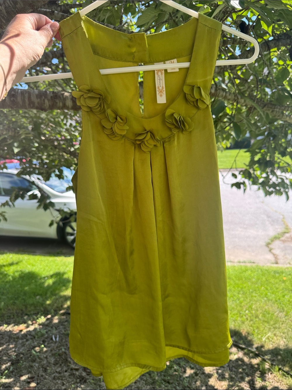 Sleeveless Floral-Trim Olive Green Dress